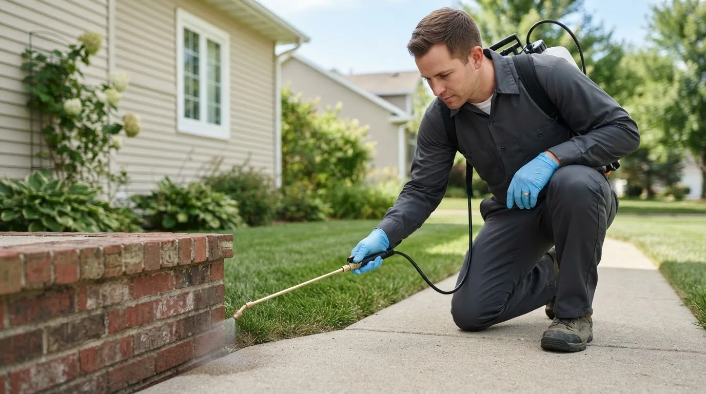 Pest control technician treating a home near Rochelle, VA